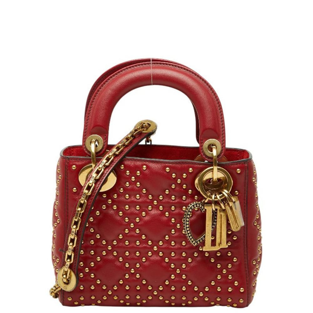 Christian Dior Lady Studded Handbag Chain Shoulder Bag Red Lambskin